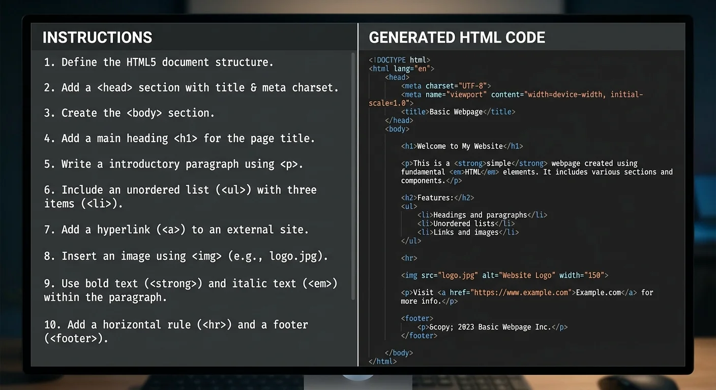 Illustration of converting text instructions into clean HTML code