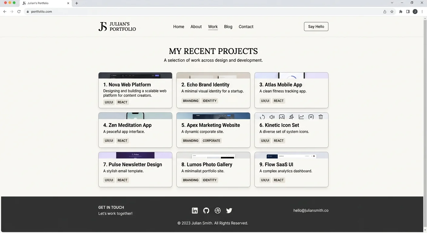 Example of a portfolio web page layout generated from plain text descriptions