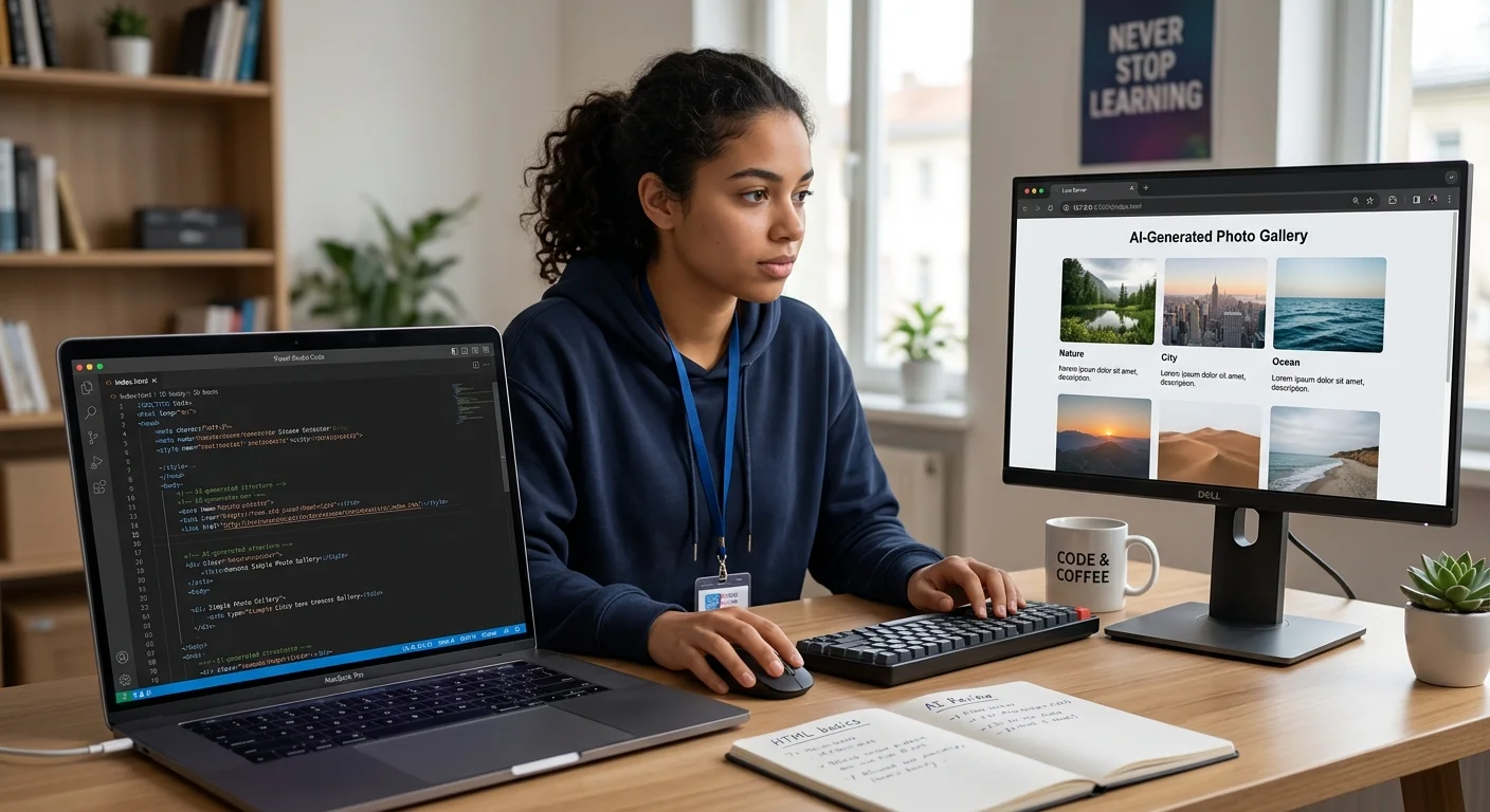 Developer reviewing AI-generated HTML code in a split-screen setup with code editor and browser preview