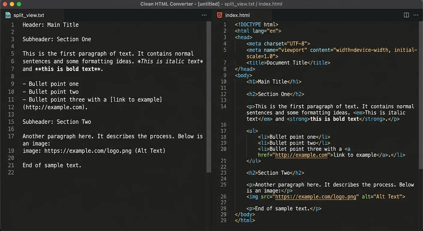 Plain text to HTML conversion comparison in a code editor