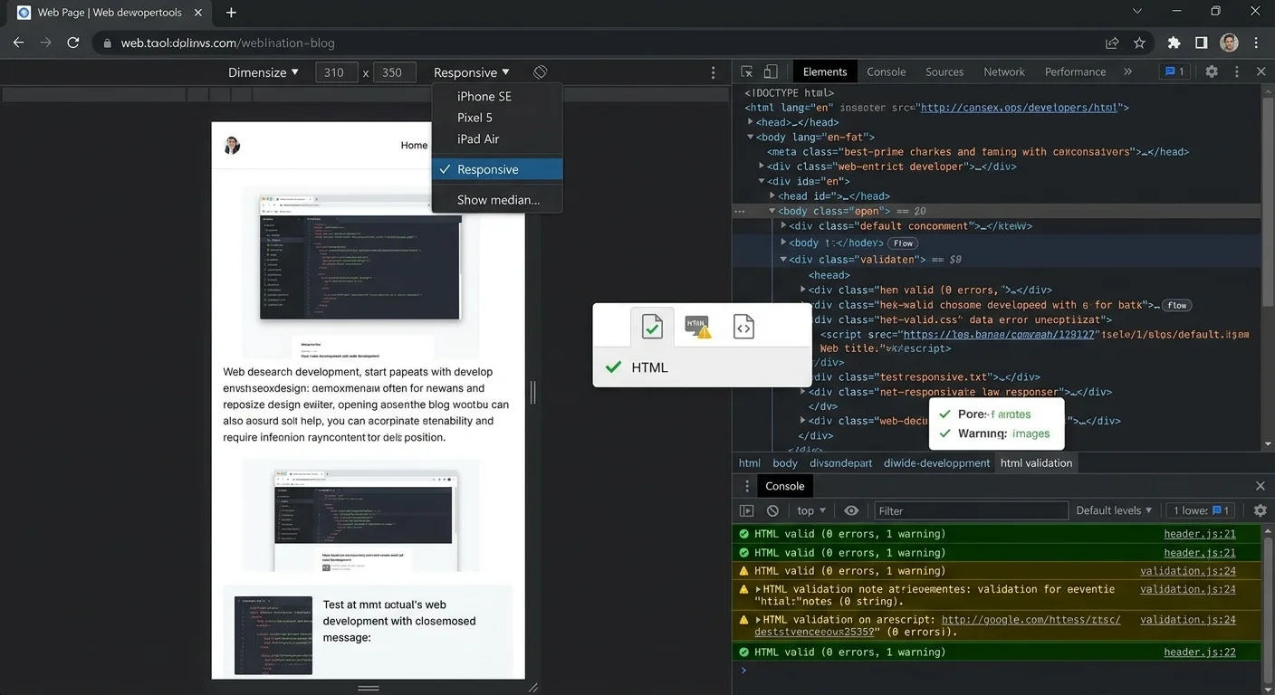 Developer tools inspecting HTML output for validation errors and responsive layout