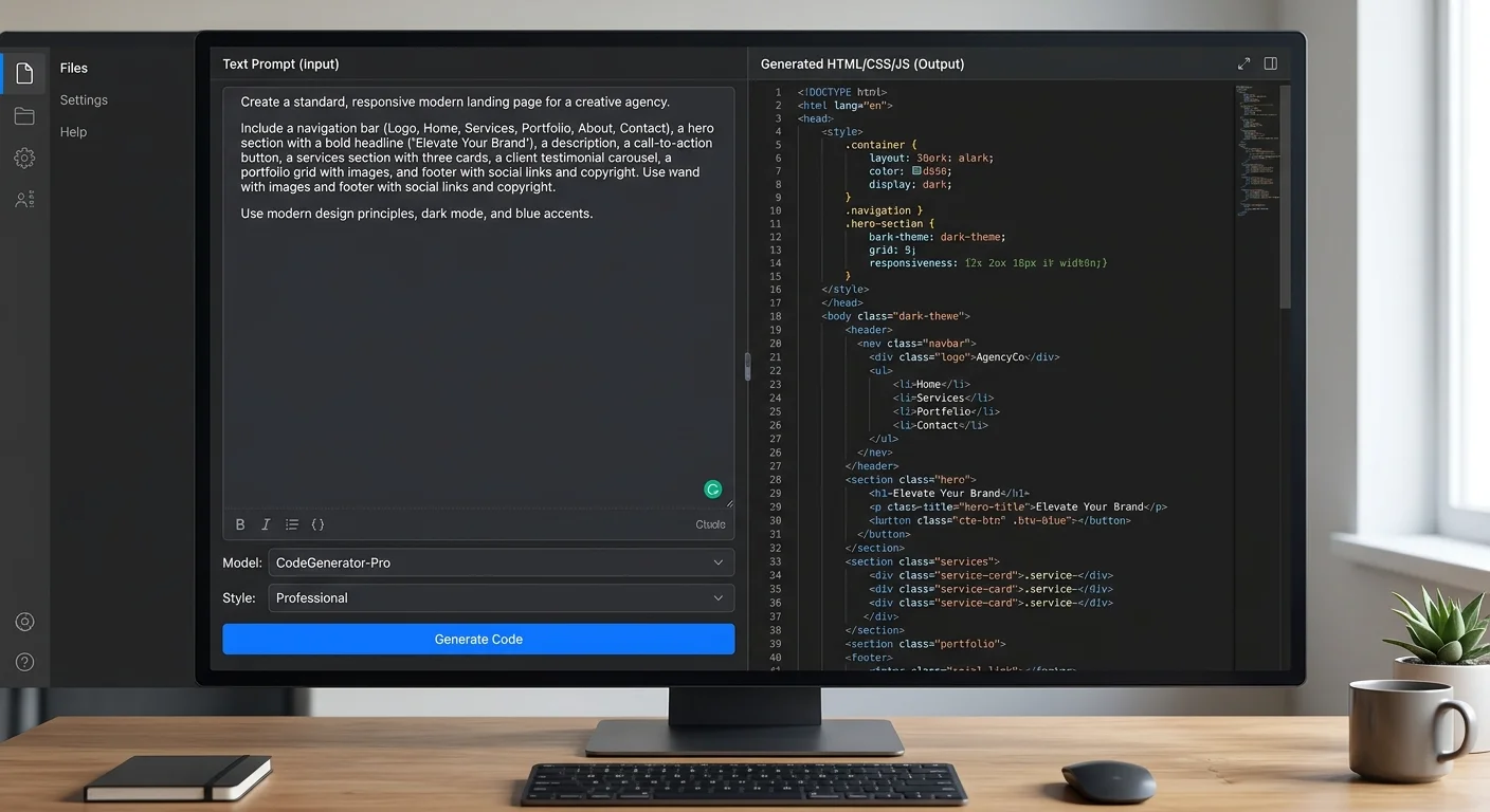 AI HTML code editor showing text-to-HTML generation with prompt input and code output side by side